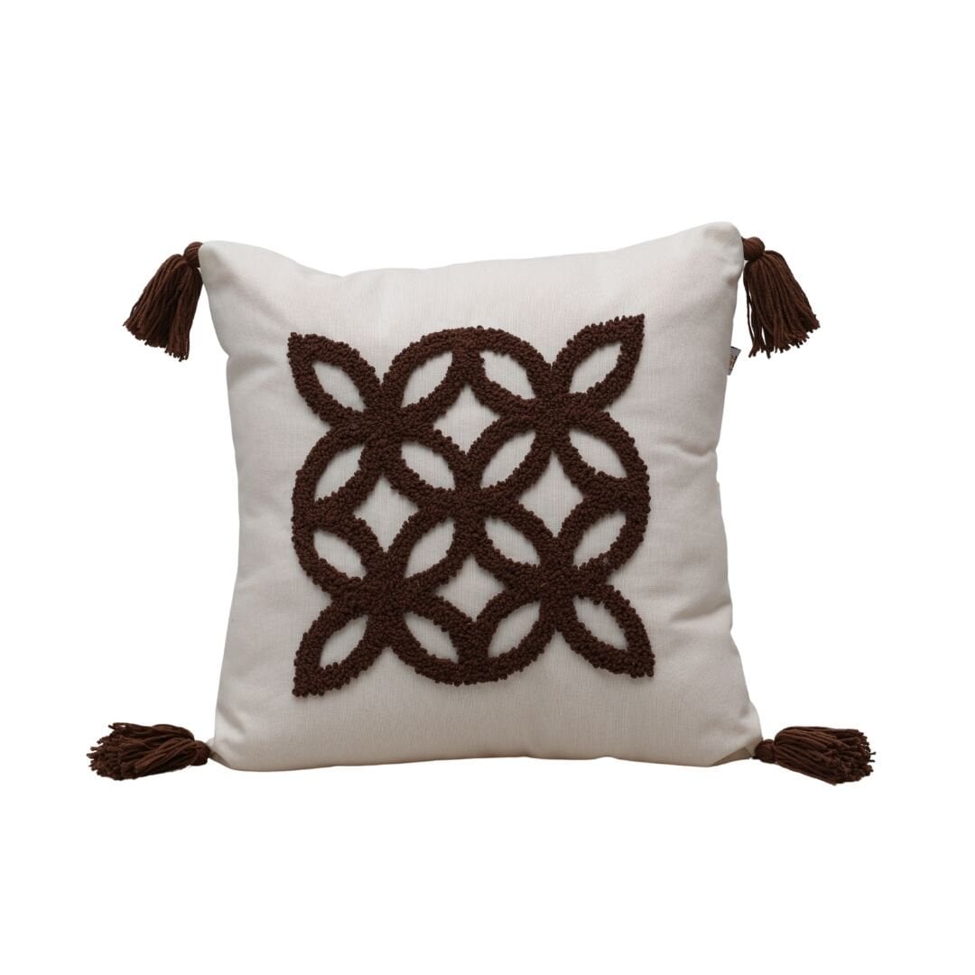 KREM RENGİ PUNCH YASTIK KAHVERENGİ İŞLEMELİ